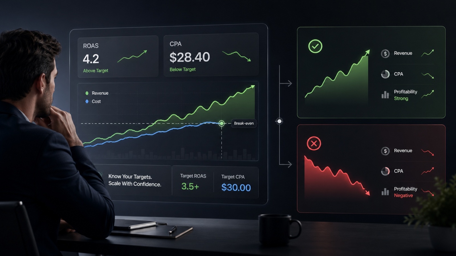 ROAS and CPA dashboard showing profitable and unprofitable paid advertising outcomes